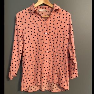 Pink and Black Polka Dot Blouse w Roll Tab Sleeves